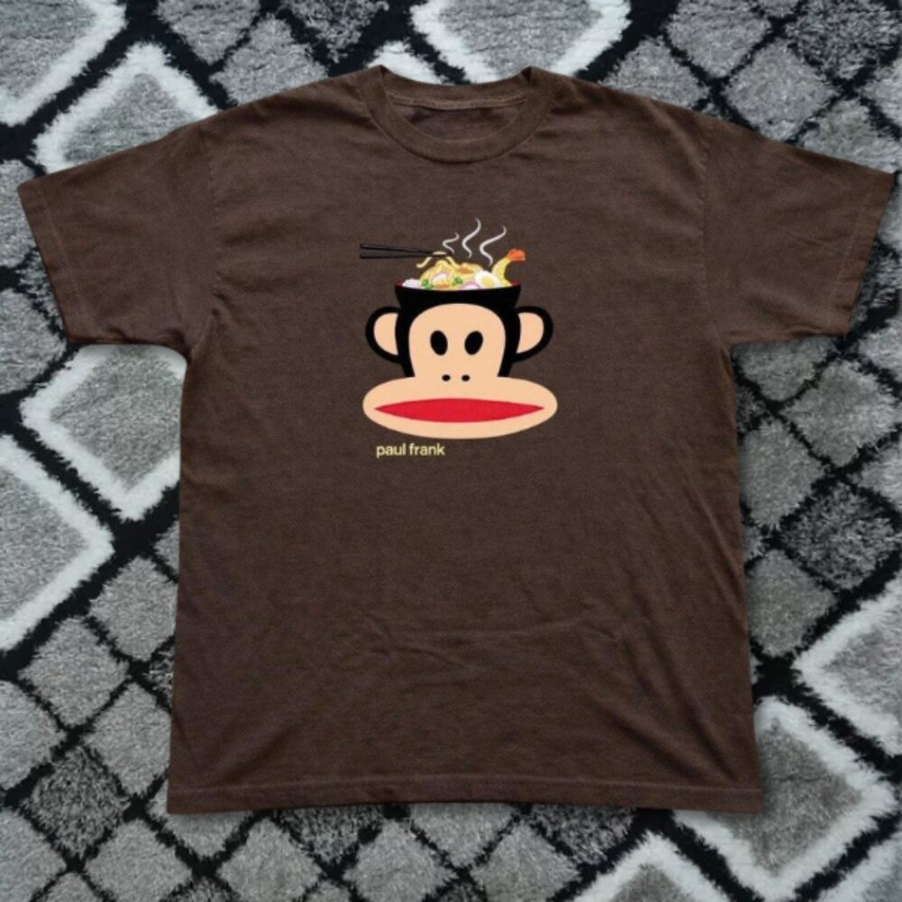 Paul Frank Monkey Noodle Bowl Graphic T-Shirt Brown Cartoon Animal Tee